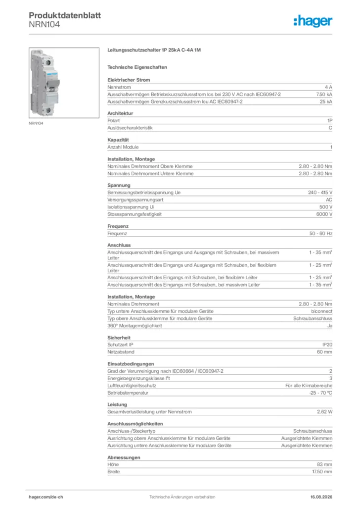 Bild Hager Produktdatenblatt NRN104 | Hager Schweiz