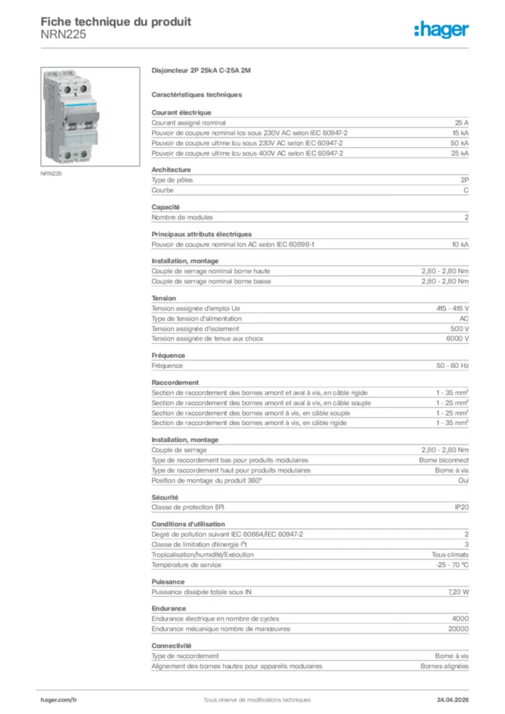 Image Hager Fiche technique du produit NRN225 | Hager France
