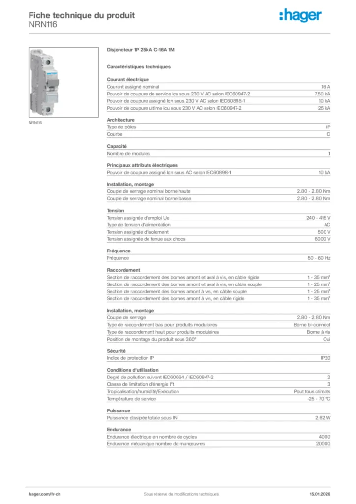 Image Hager Fiche technique du produit NRN116 | Hager Suisse