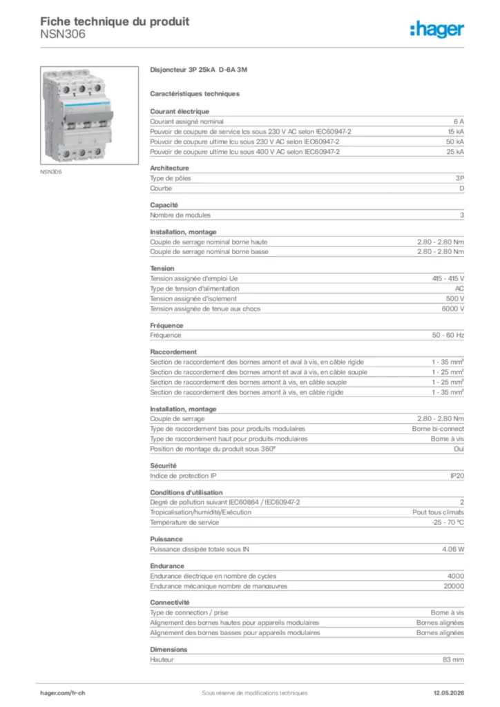 Image Hager Fiche technique du produit NSN306 | Hager Suisse