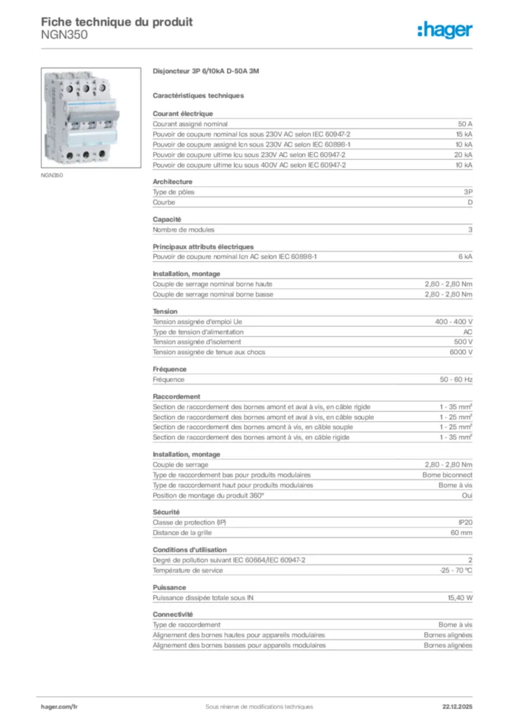 Image Hager Fiche technique du produit NGN350 | Hager France