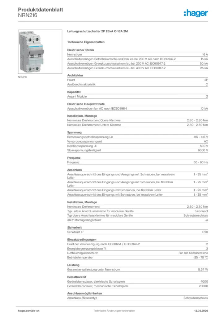 Bild Hager Produktdatenblatt NRN216 | Hager Schweiz