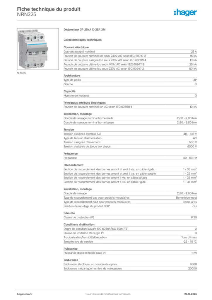 Image Hager Fiche technique du produit NRN325 | Hager France