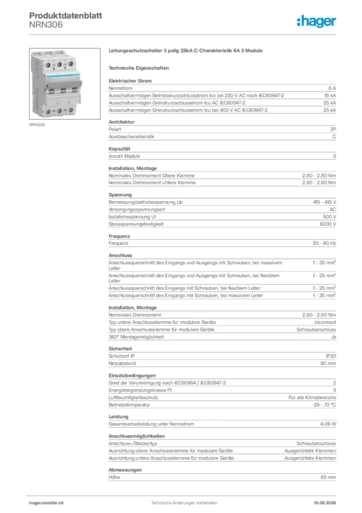 Bild Hager Produktdatenblatt NRN306 | Hager Schweiz