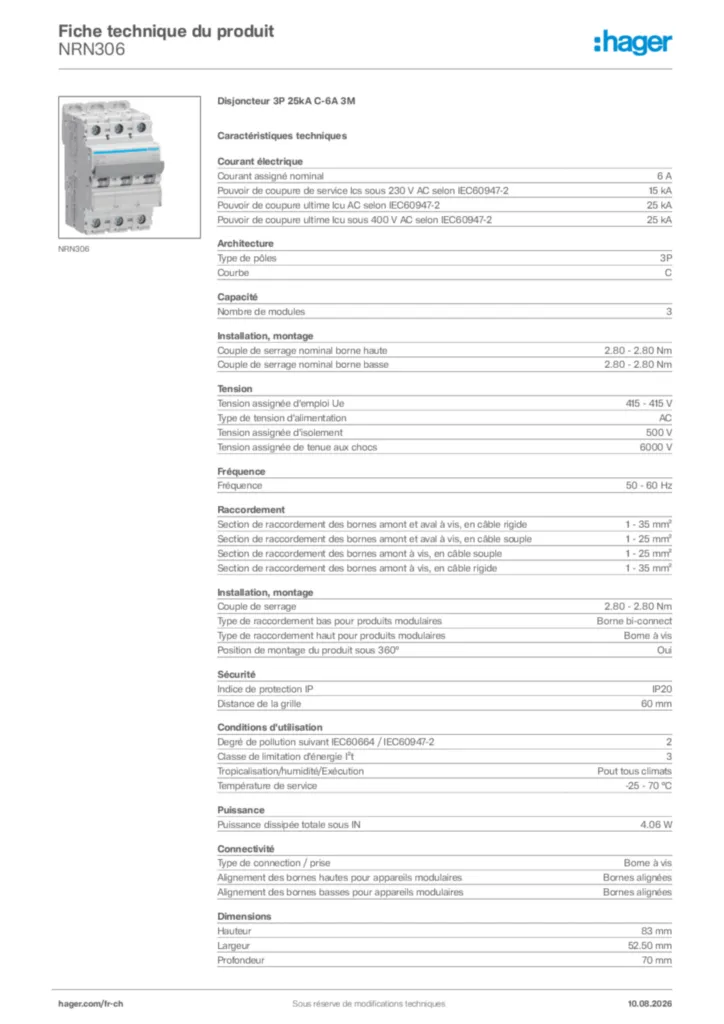 Image Hager Fiche technique du produit NRN306 | Hager Suisse