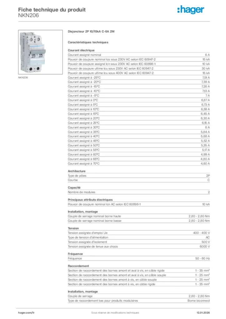 Image Hager Fiche technique du produit NKN206 | Hager France