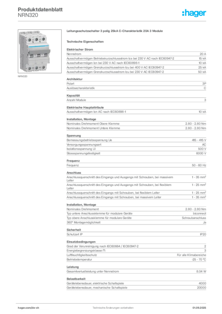 Bild Hager Produktdatenblatt NRN320 | Hager Schweiz