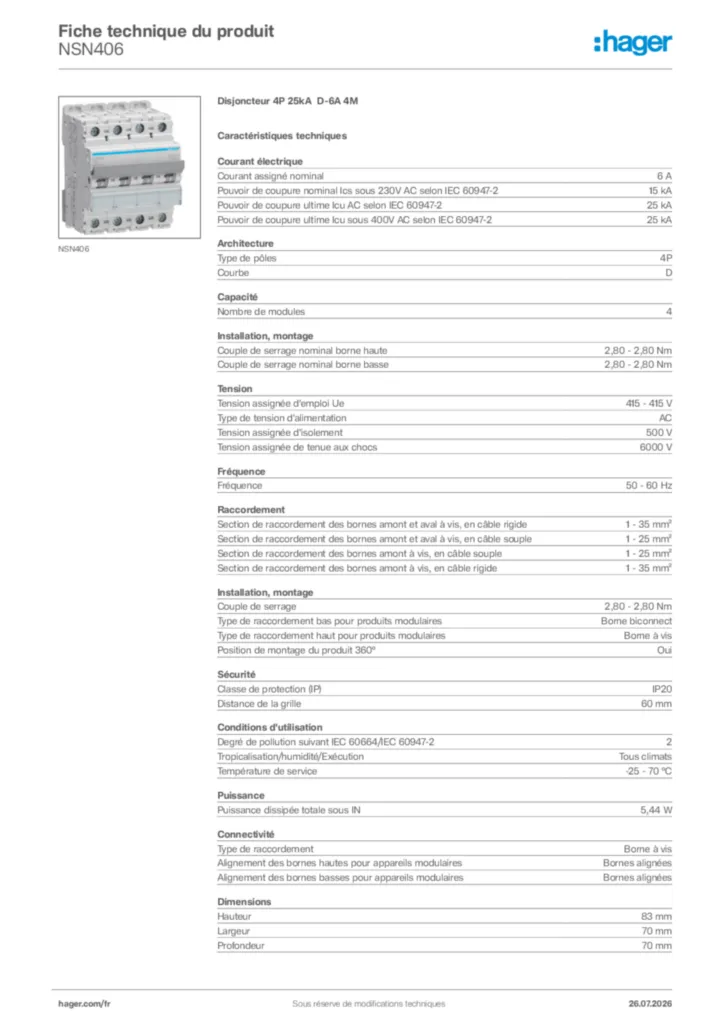 Image Hager Fiche technique du produit NSN406 | Hager France