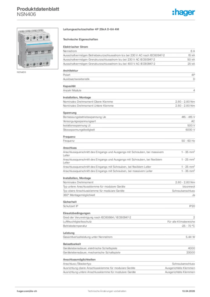 Bild Hager Produktdatenblatt NSN406 | Hager Schweiz