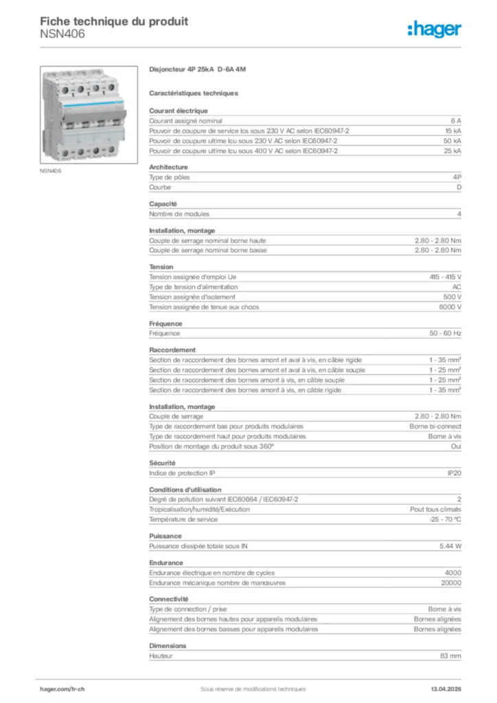 Image Hager Fiche technique du produit NSN406 | Hager Suisse