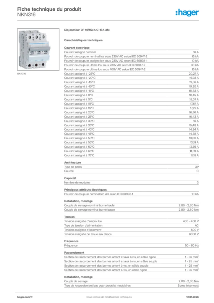 Image Hager Fiche technique du produit NKN316 | Hager France