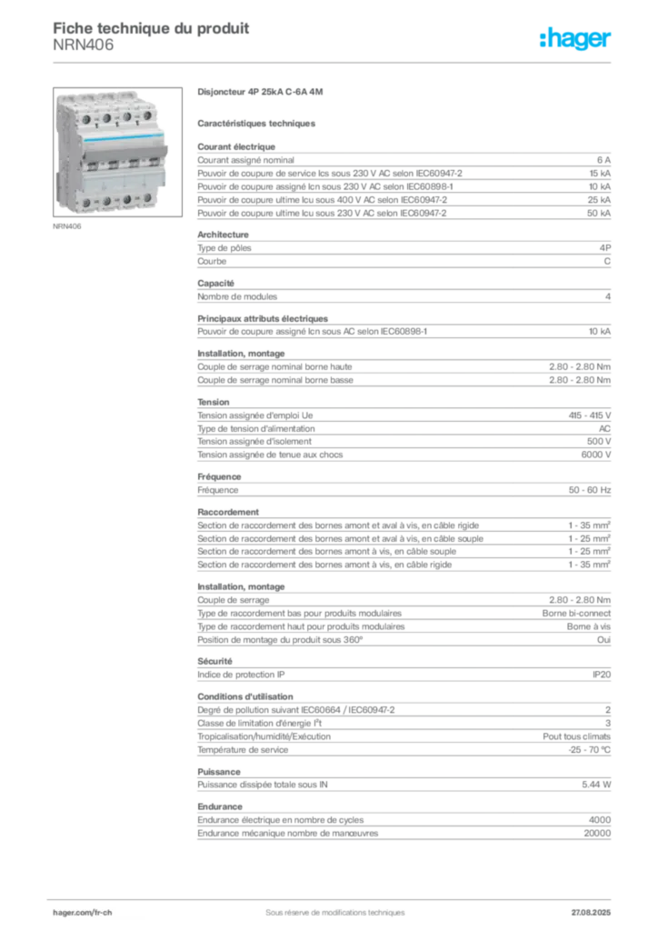 Image Hager Fiche technique du produit NRN406 | Hager Suisse