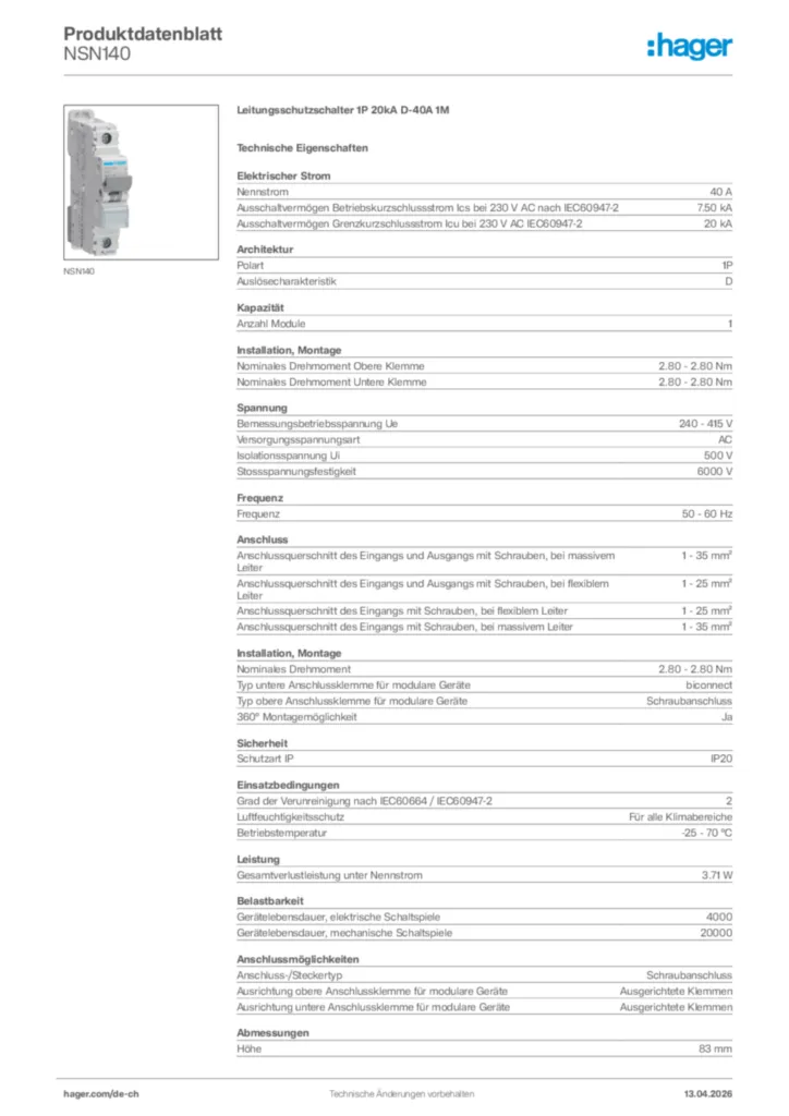 Bild Hager Produktdatenblatt NSN140 | Hager Schweiz