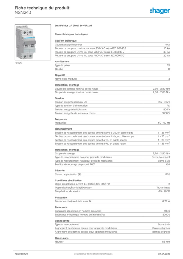 Image Hager Fiche technique du produit NSN240 | Hager France