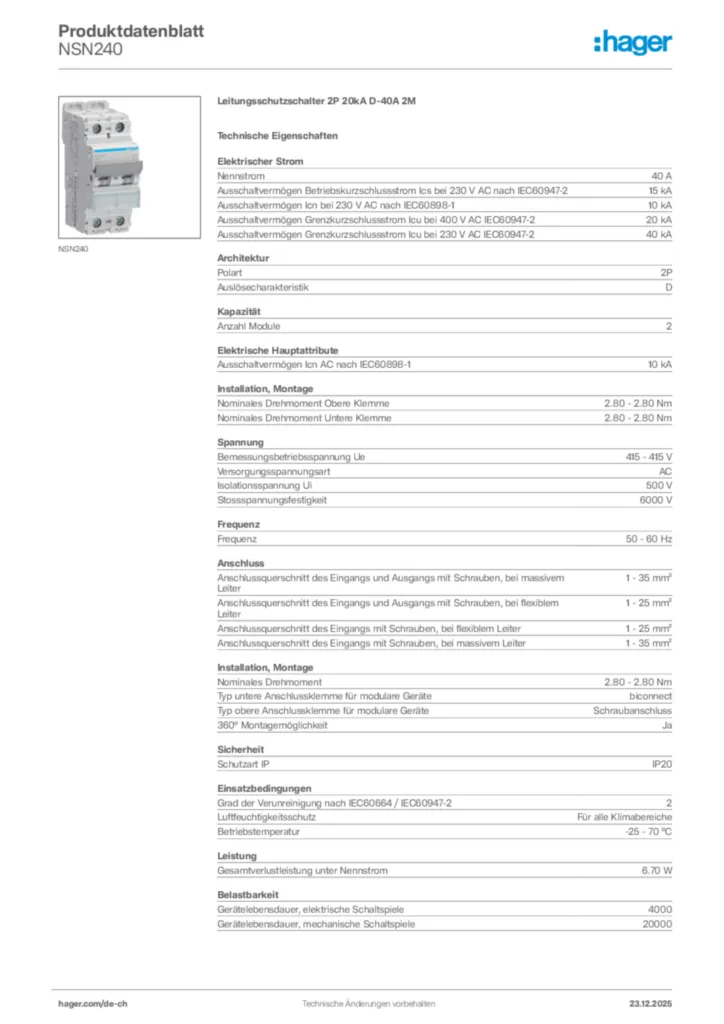 Bild Hager Produktdatenblatt NSN240 | Hager Schweiz