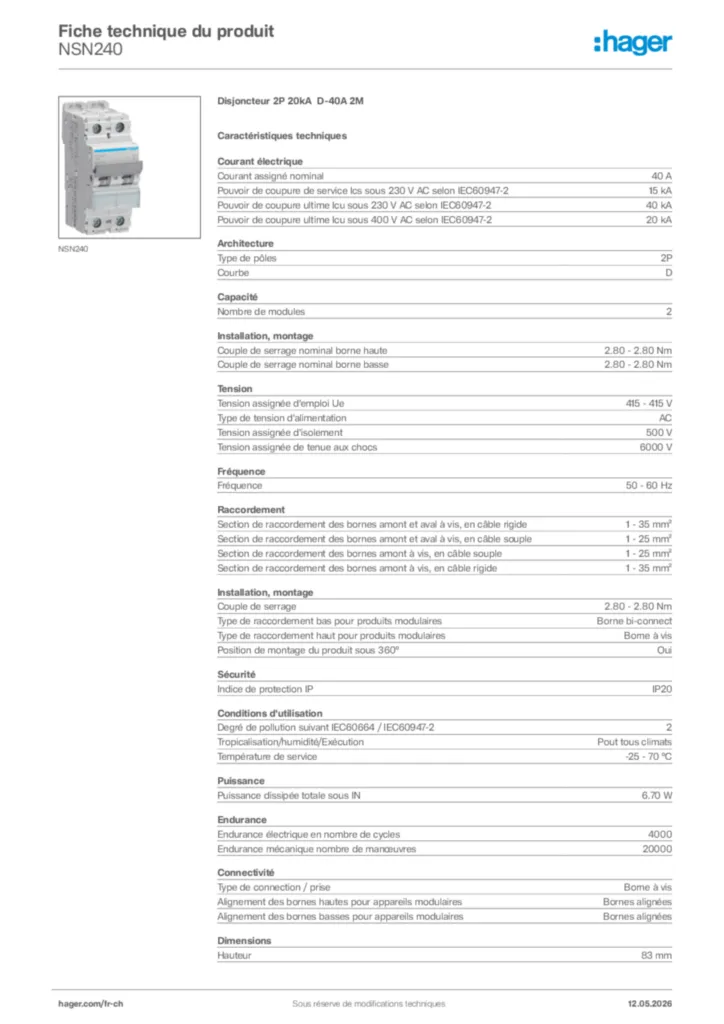 Image Hager Fiche technique du produit NSN240 | Hager Suisse
