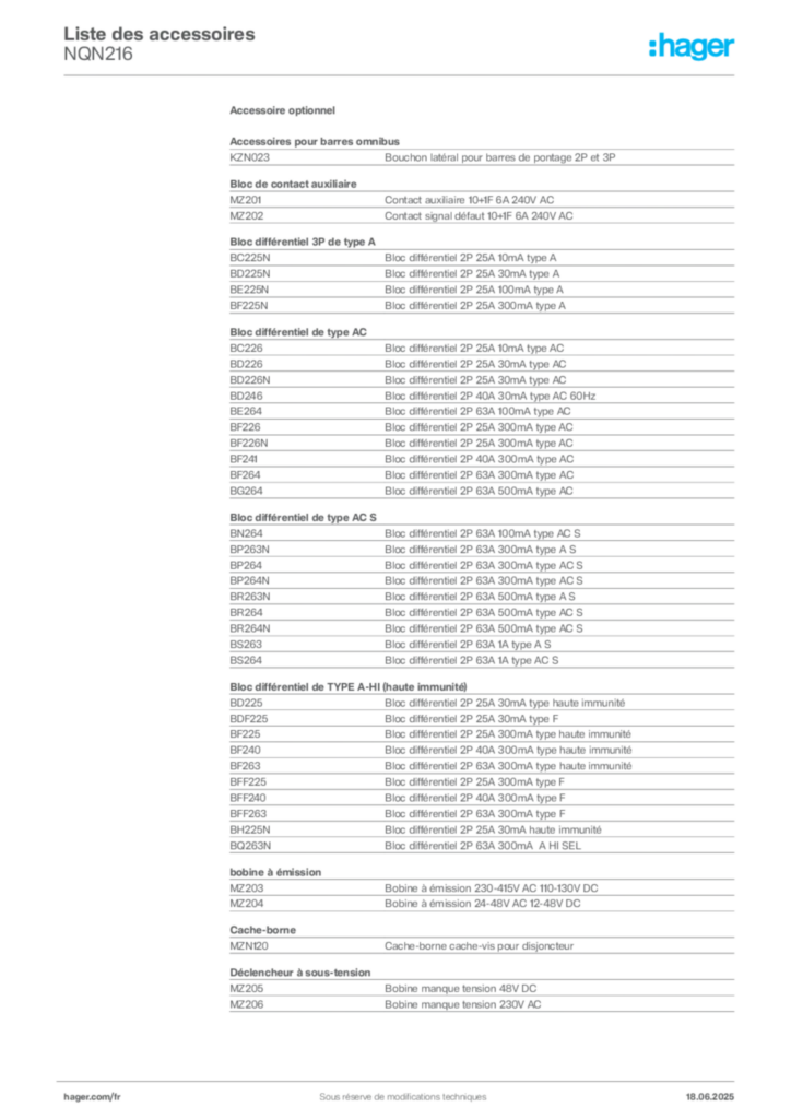 Image Hager Fiche technique du produit NQN216 | Hager France