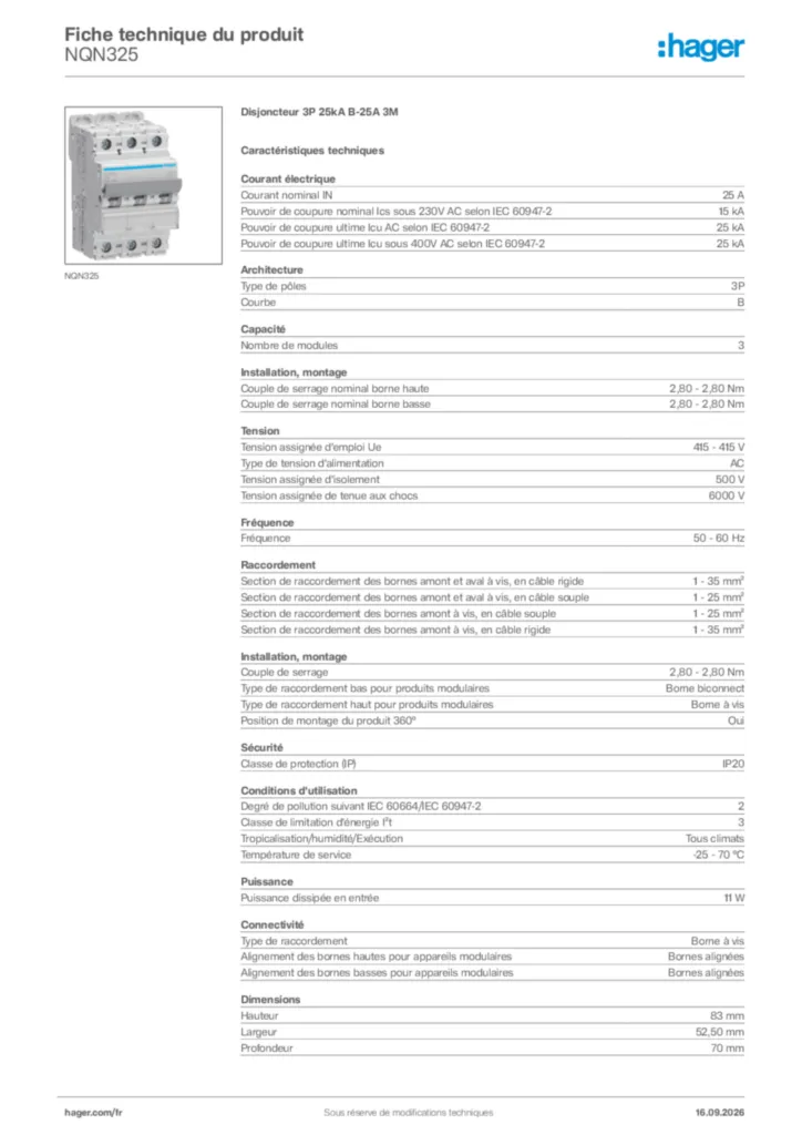 Image Hager Fiche technique du produit NQN325 | Hager France