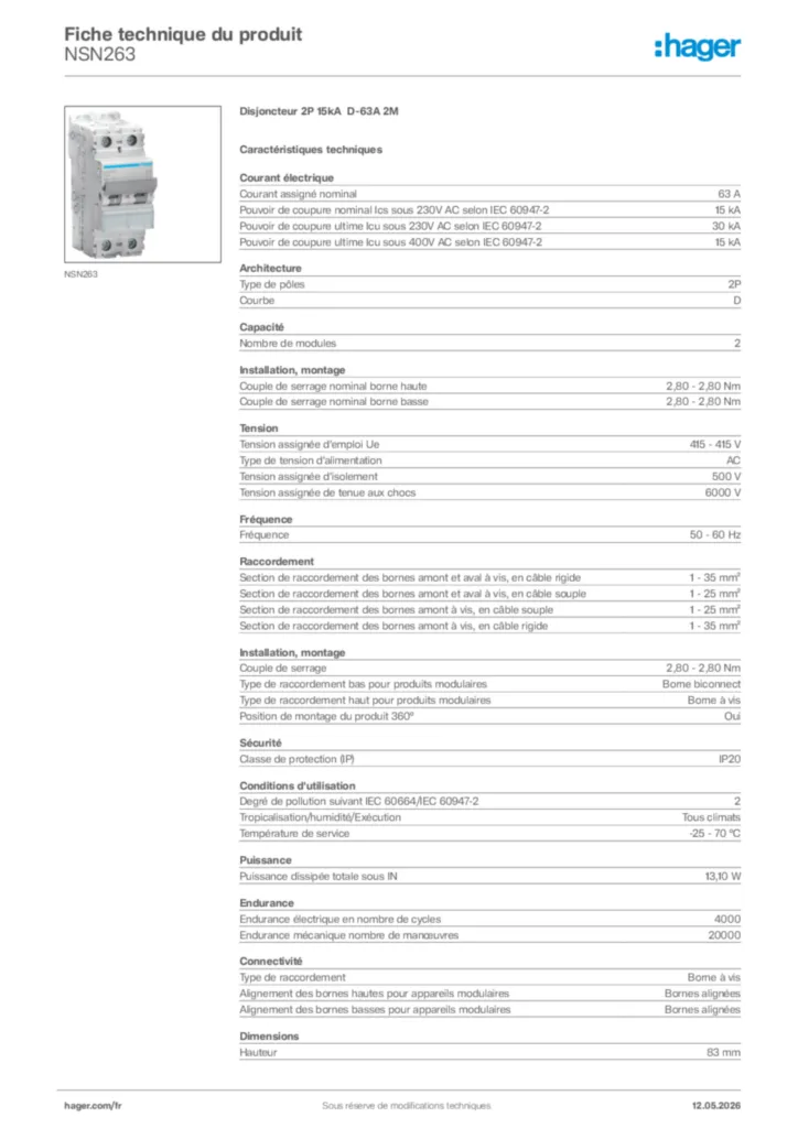 Image Hager Fiche technique du produit NSN263 | Hager France