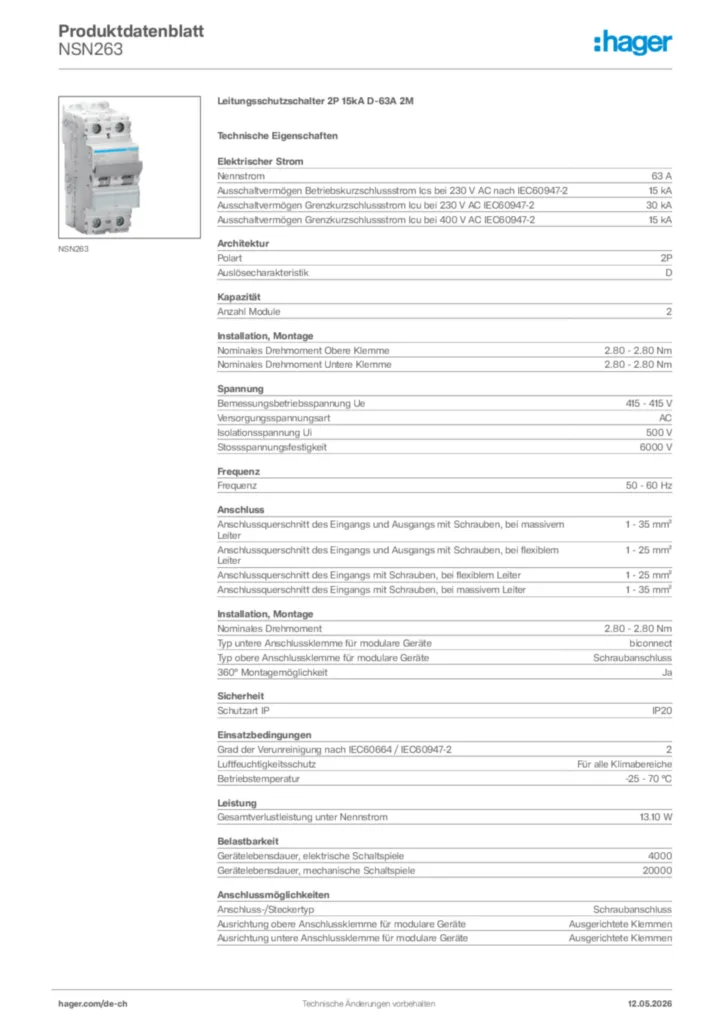 Bild Hager Produktdatenblatt NSN263 | Hager Schweiz