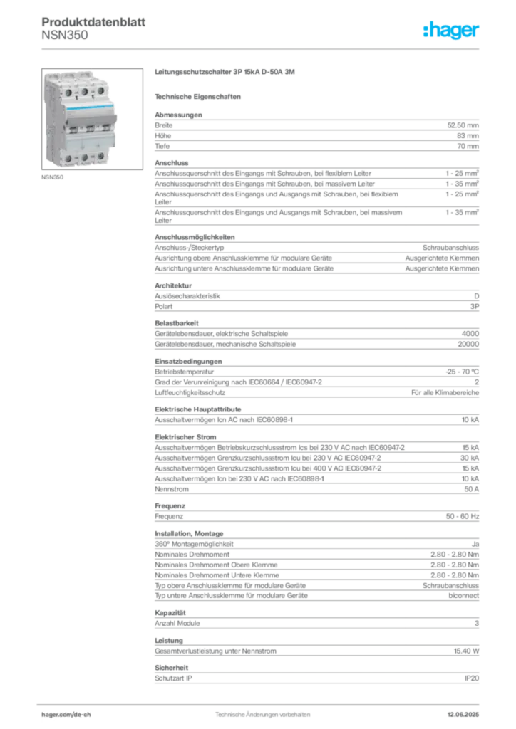 Bild Hager Produktdatenblatt NSN350 | Hager Schweiz