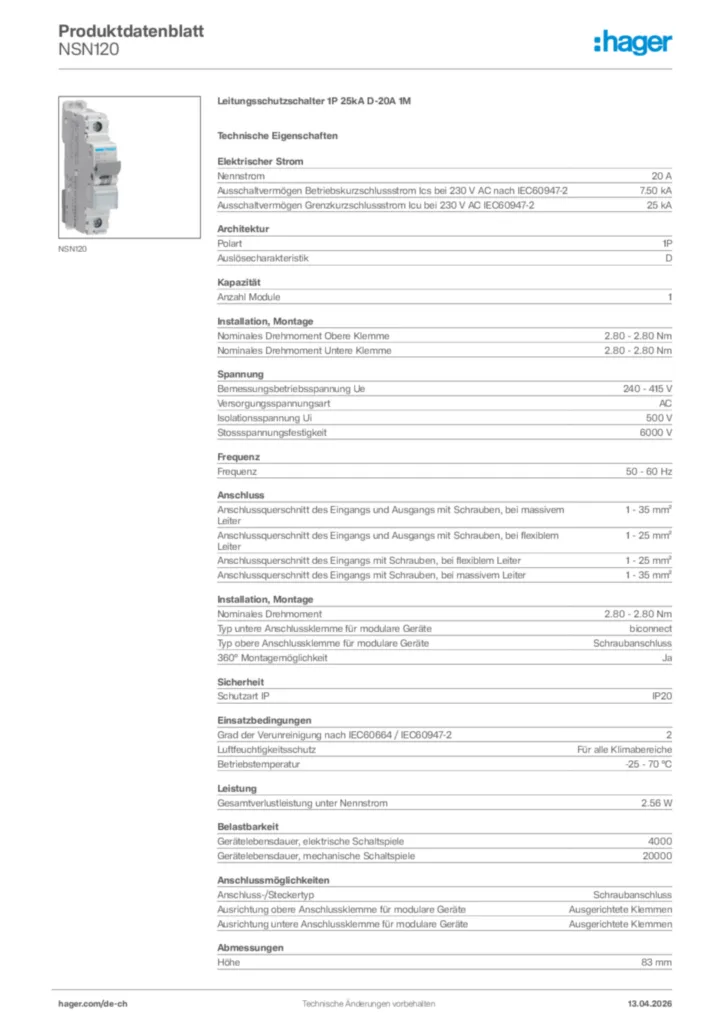 Bild Hager Produktdatenblatt NSN120 | Hager Schweiz
