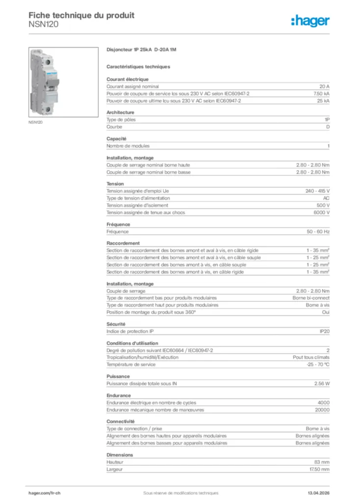 Image Hager Fiche technique du produit NSN120 | Hager Suisse