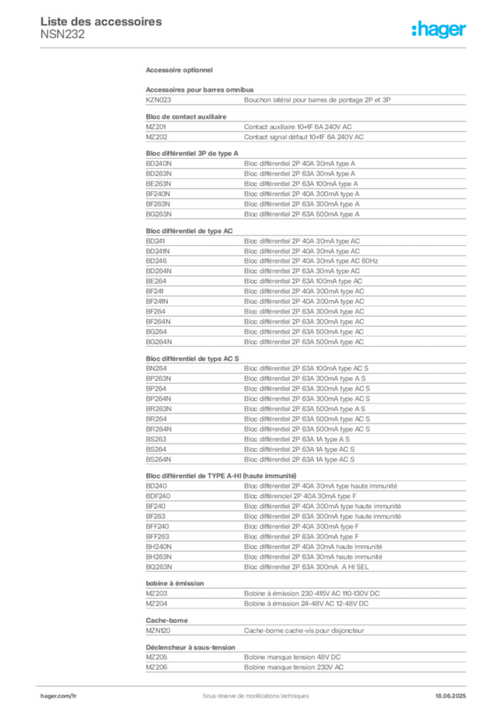 Image Hager Fiche technique du produit NSN232 | Hager France