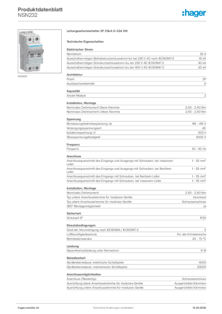 Bild Hager Produktdatenblatt NSN232 | Hager Schweiz