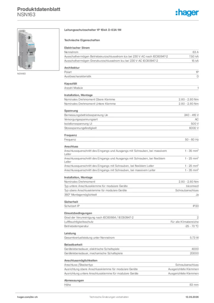 Bild Hager Produktdatenblatt NSN163 | Hager Schweiz