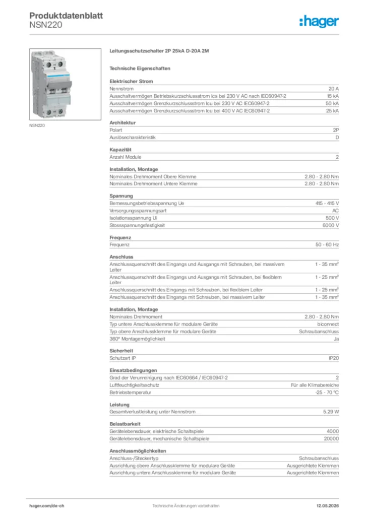 Bild Hager Produktdatenblatt NSN220 | Hager Schweiz