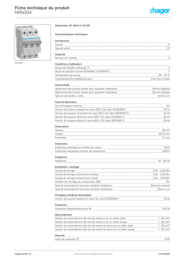 Image Hager Fiche technique du produit NRN304 | Hager Suisse