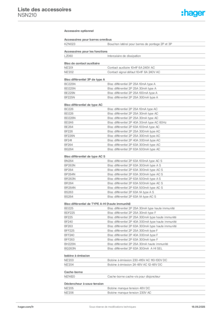 Image Hager Fiche technique du produit NSN210 | Hager France