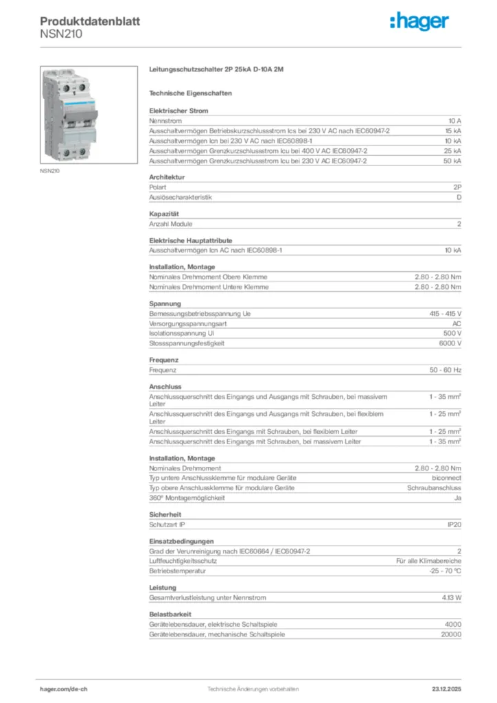 Bild Hager Produktdatenblatt NSN210 | Hager Schweiz