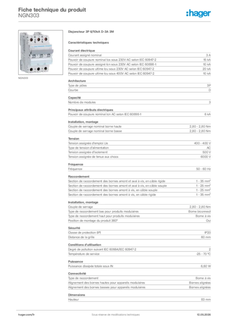 Image Hager Fiche technique du produit NGN303 | Hager France