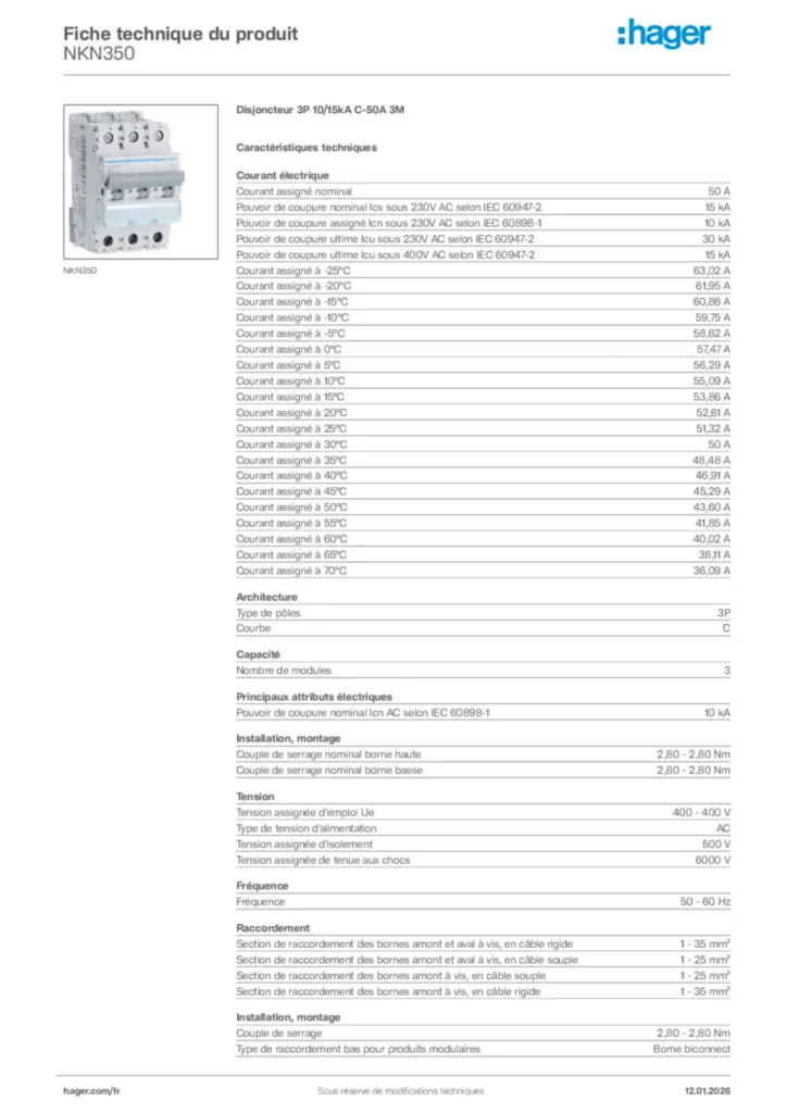 Image Hager Fiche technique du produit NKN350 | Hager France