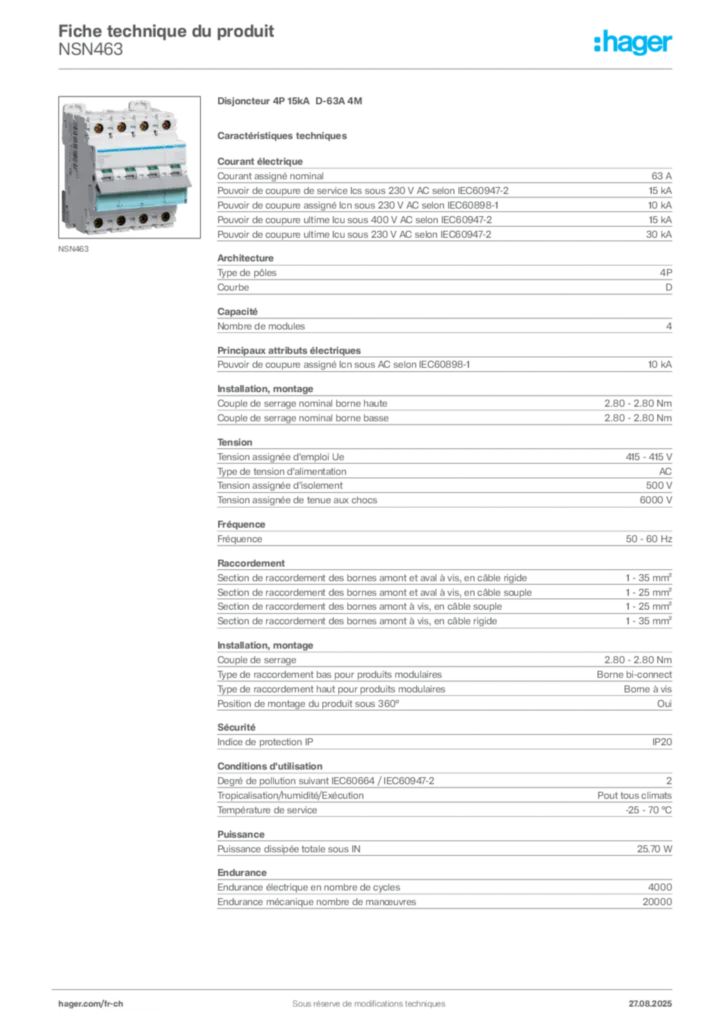 Image Hager Fiche technique du produit NSN463 | Hager Suisse