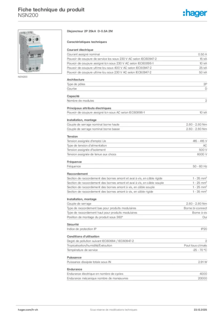 Image Hager Fiche technique du produit NSN200 | Hager Suisse