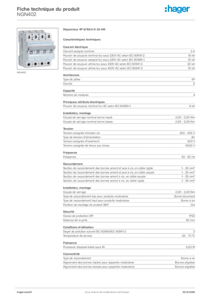 Image Hager Fiche technique du produit NGN402 | Hager France