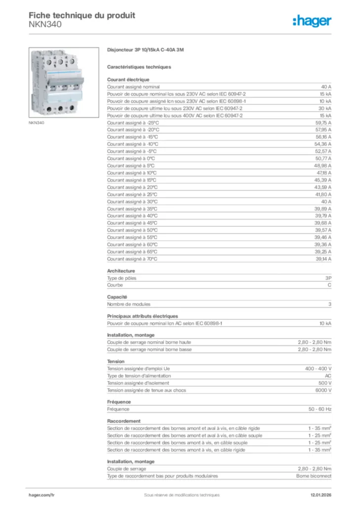 Image Hager Fiche technique du produit NKN340 | Hager France