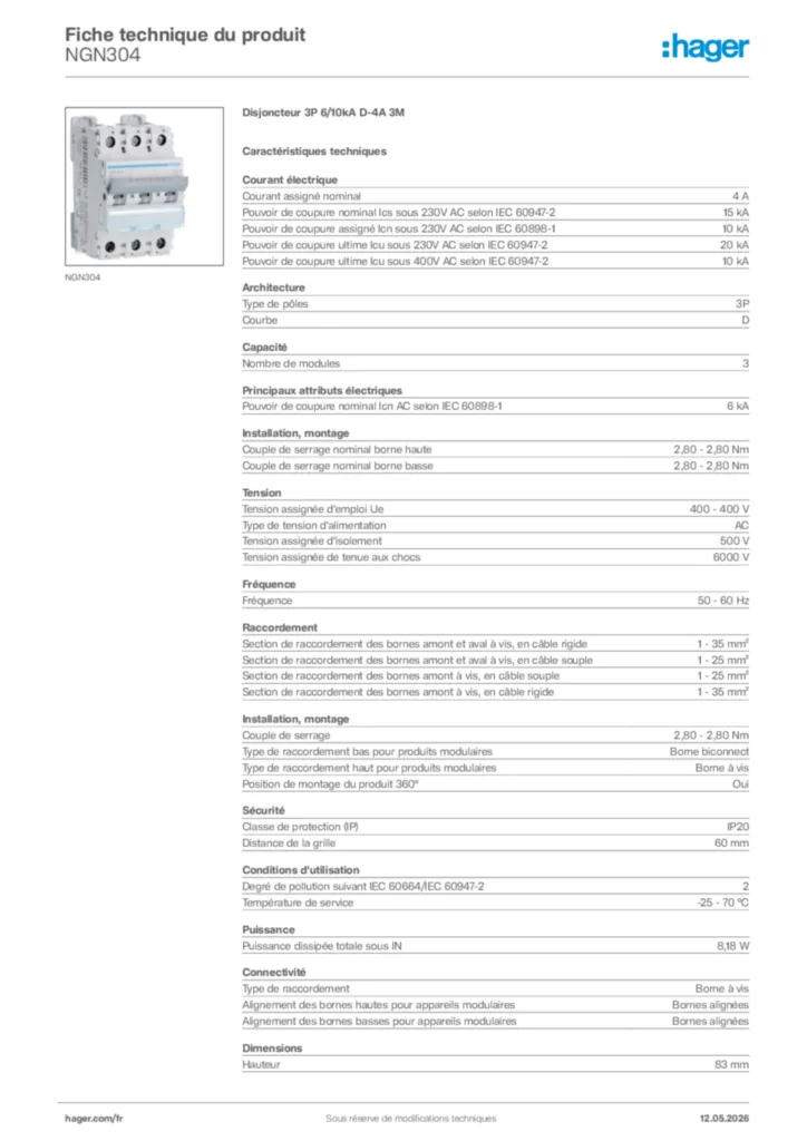 Image Hager Fiche technique du produit NGN304 | Hager France