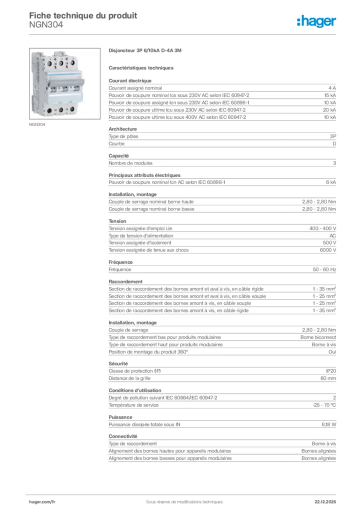 Image Hager Fiche technique du produit NGN304 | Hager France