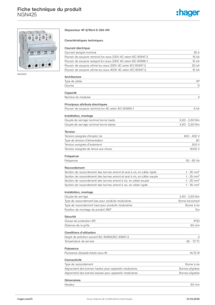 Image Hager Fiche technique du produit NGN425 | Hager France