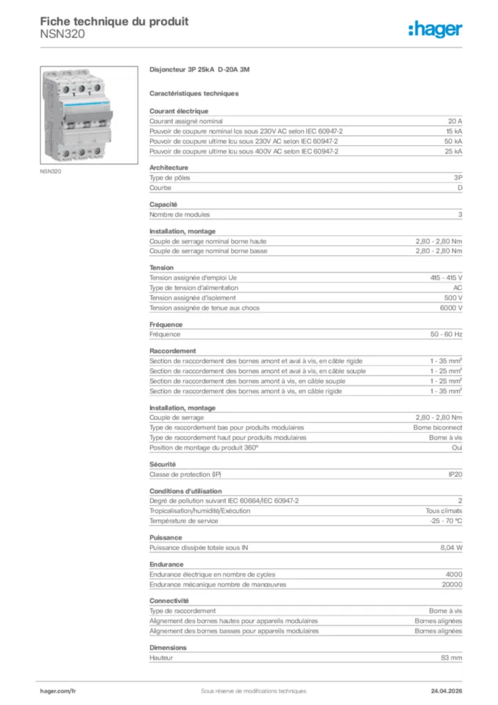 Image Hager Fiche technique du produit NSN320 | Hager France