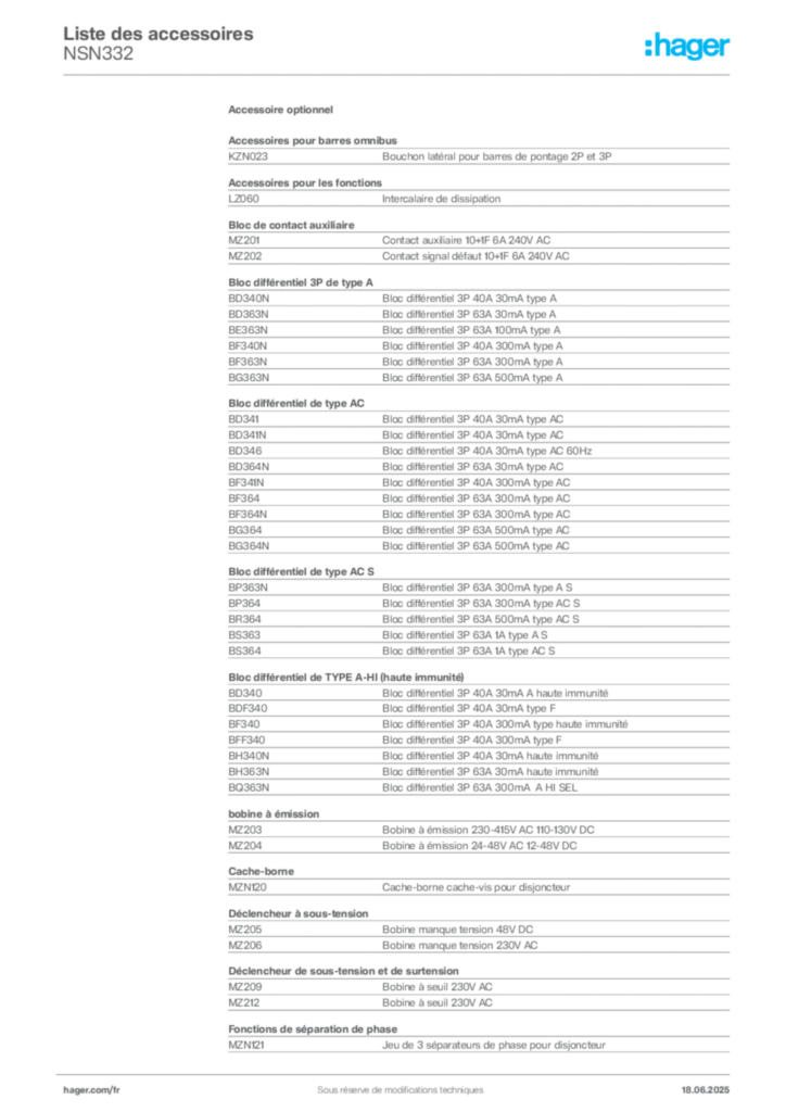 Image Hager Fiche technique du produit NSN332 | Hager France