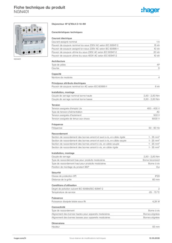 Image Hager Fiche technique du produit NGN401 | Hager France