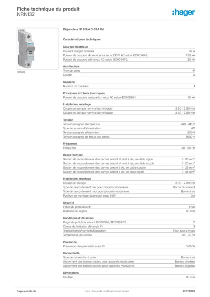 Image Hager Fiche technique du produit NRN132 | Hager Suisse