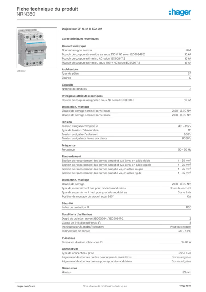 Image Hager Fiche technique du produit NRN350 | Hager Suisse