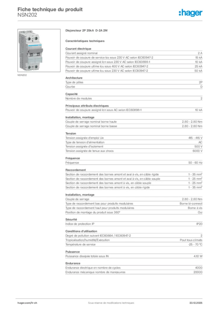 Image Hager Fiche technique du produit NSN202 | Hager Suisse