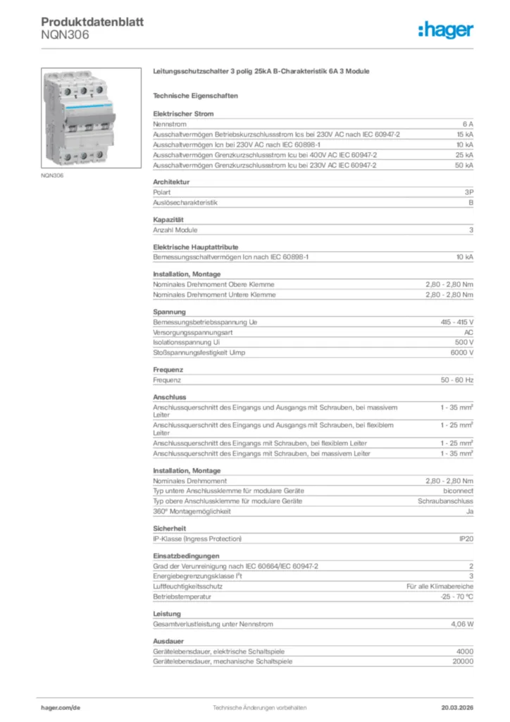 Bild Hager Produktdatenblatt NQN306 | Hager Deutschland
